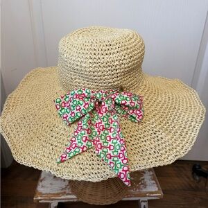 Vineyard Vines Straw Hat Wide Brim Preppy Coastal Martha’s Vineyard, silk tie